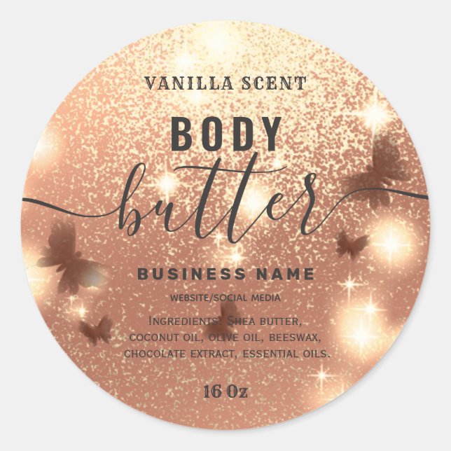 Glittery butterfly script body butter label (Front)