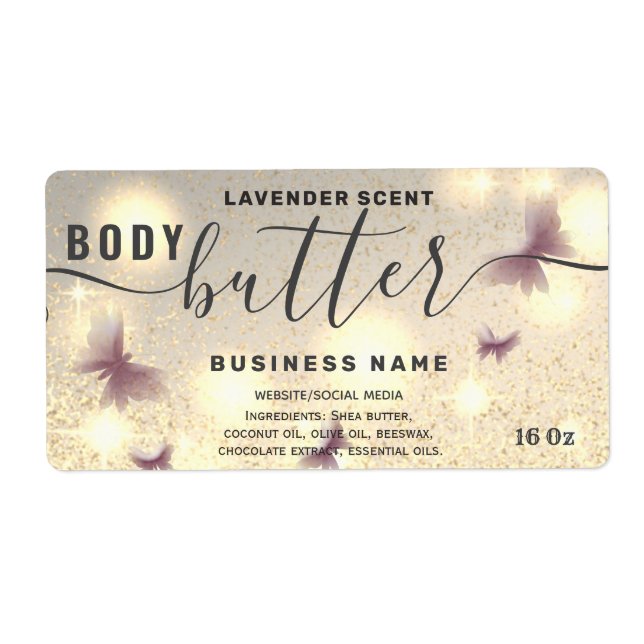 Glittery butterfly script body butter label (Front)