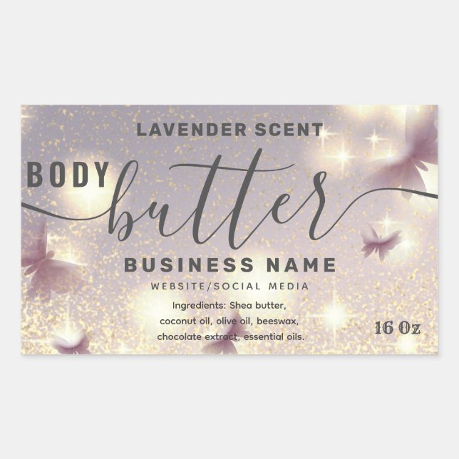 Glittery butterfly script body butter label (Front)