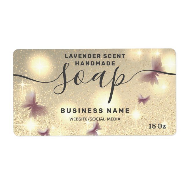 Glittery butterfly script soap label (Front)