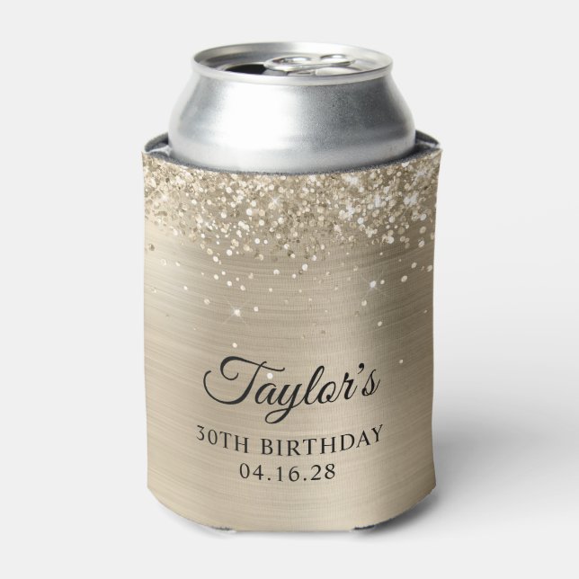 Glittery Champagne Foil 30th Birthday Can Cooler (Can Front)