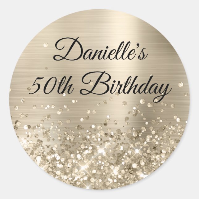 Glittery Champagne Foil 50th Birthday Classic Round Sticker (Front)