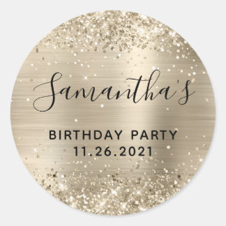 Glittery Champagne Foil Birthday Party Classic Round Sticker