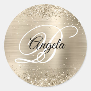 Glittery Champagne Foil Fancy Monogram Classic Round Sticker