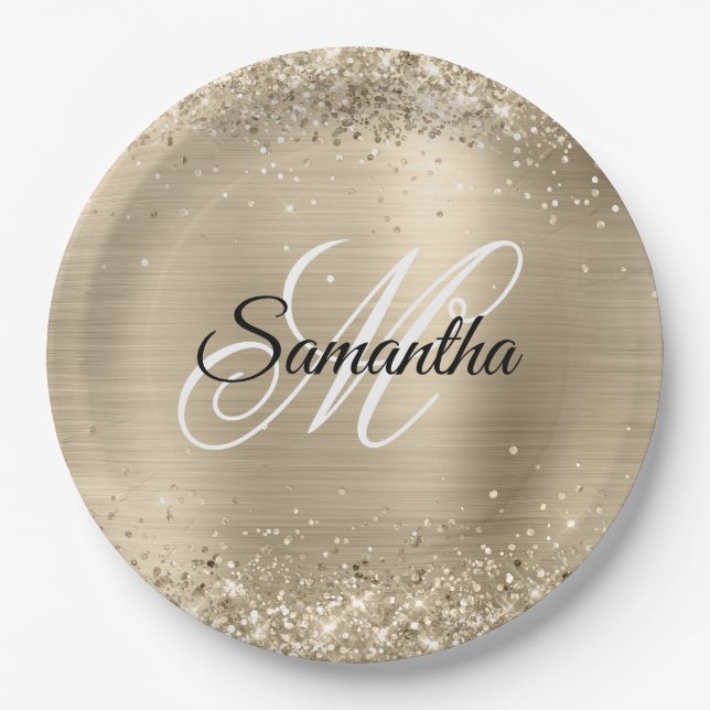 Glittery Champagne Foil Fancy Monogram Paper Plate (Front)