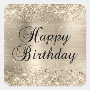 Glittery Champagne Foil Happy Birthday Square Sticker