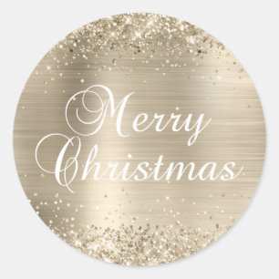 Glittery Champagne Foil Merry Christmas Classic Round Sticker
