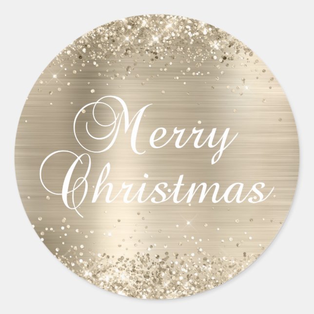 Glittery Champagne Foil Merry Christmas Classic Round Sticker (Front)