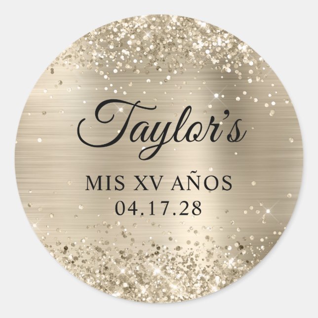 Glittery Champagne Foil Mis XV Anos Birthday Classic Round Sticker (Front)