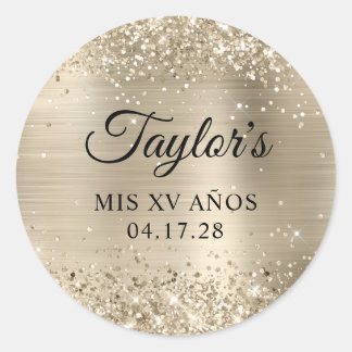 Glittery Champagne Foil Mis XV Anos Birthday Classic Round Sticker