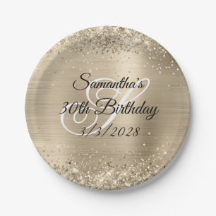 Glittery Champagne Foil Monogram 30th Birthday Paper Plate