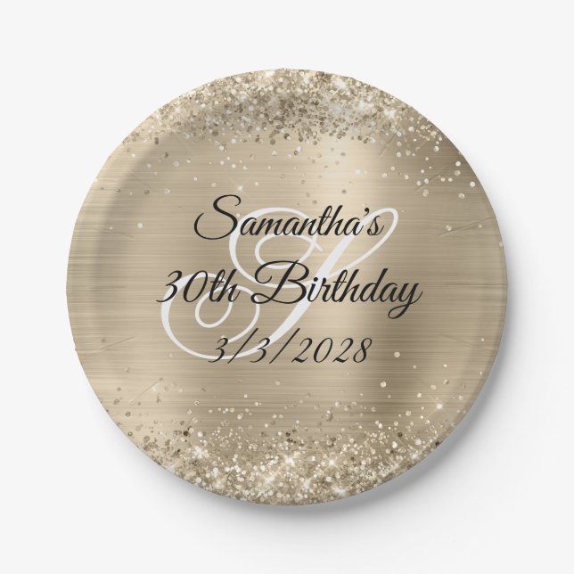 Glittery Champagne Foil Monogram 30th Birthday Paper Plate (Front)