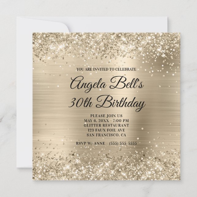 Glittery Champagne Gold Foil Fancy Monogram Invitation (Front)