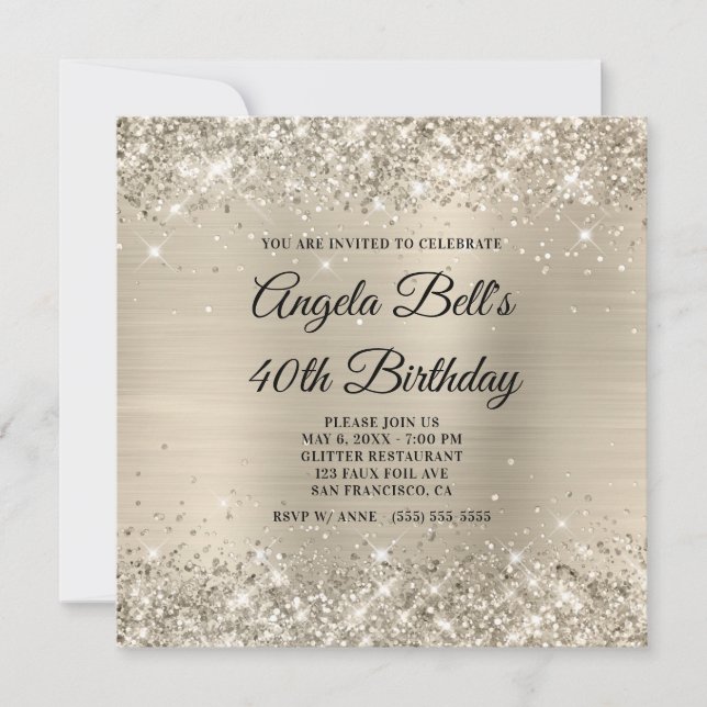 Glittery Champagne Shimmer Foil Fancy Monogram Invitation (Front)