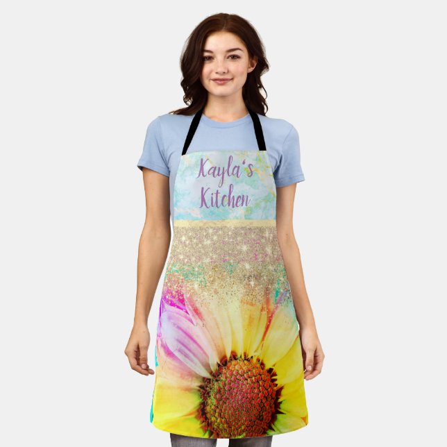 Glittery Cheery Pastel Sunflower Personalised  Apron (Worn)