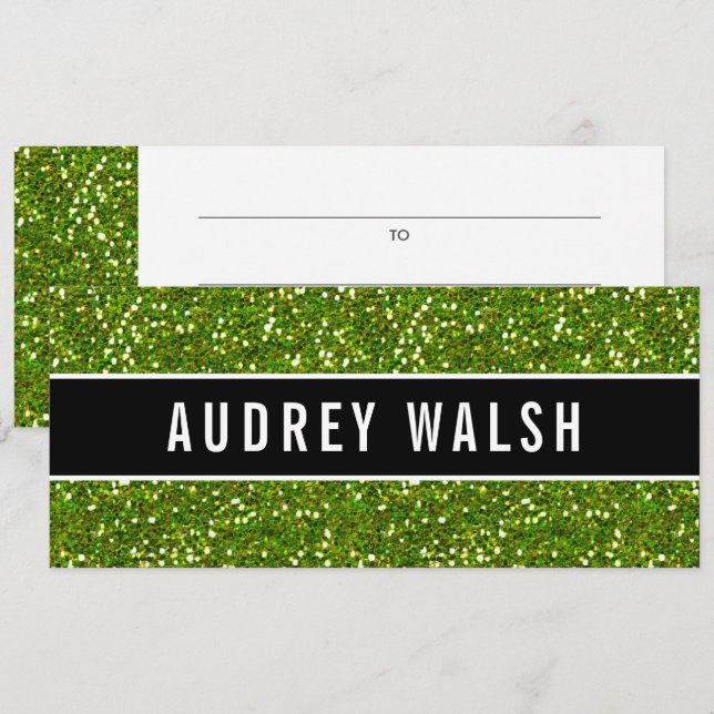 Glittery Chic Green Sequin Black Gift Certificate Invitation (Front/Back)