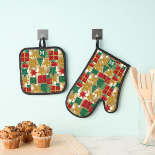 Glittery Christmas Pattern Oven Mitt & Pot Holder Set