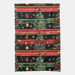 Glittery Christmas Tree - Red Black Green Striped Tea Towel