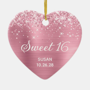 Glittery Classic Pink Foil Sweet 16 Photo Ceramic Tree Decoration