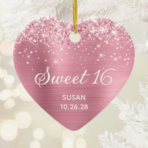 Glittery Classic Pink Foil Sweet 16 Photo Ceramic Tree Decoration