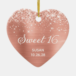 Glittery Classic Pink Peach Foil Sweet 16 Photo Ceramic Tree Decoration
