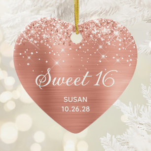 Glittery Classic Pink Peach Foil Sweet 16 Photo Ceramic Tree Decoration