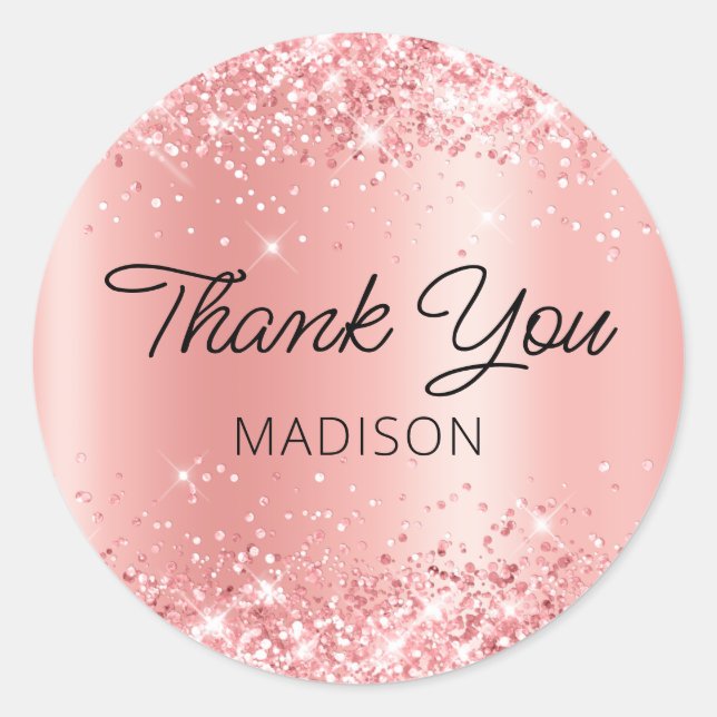 Glittery Coral Pink Shimmer Ombre Thank You Classic Round Sticker (Front)