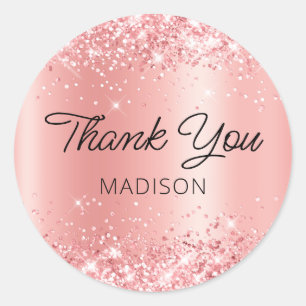 Glittery Coral Pink Shimmer Ombre Thank You Classic Round Sticker