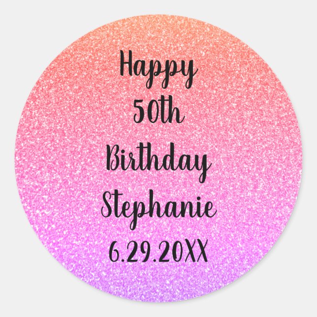 Glittery Custom Happy Birthday Name Rose Gold Pink Classic Round Sticker (Front)