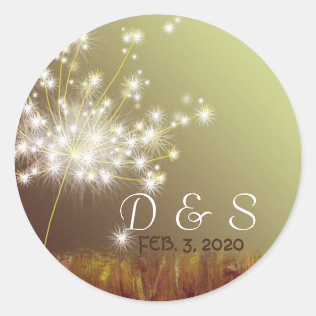 Glittery Dandelion Wedding Favour Classic Round Sticker (Front)