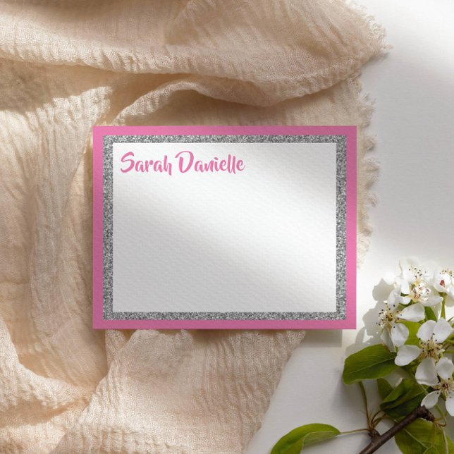 Glittery Dark Pink and Silver Thank You Flat Card (Creator Uploaded)