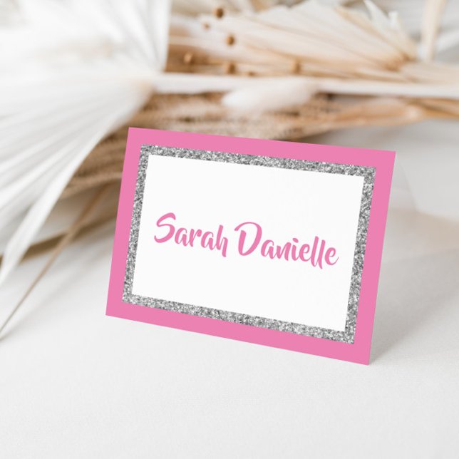 Glittery Dark Pink & Silver Personalized Note Card (Creator Uploaded)