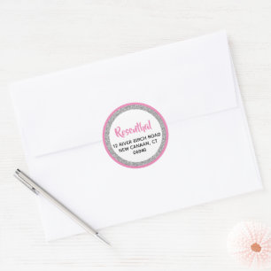 Glittery Dark Pink & Silver Return Address Classic Round Sticker