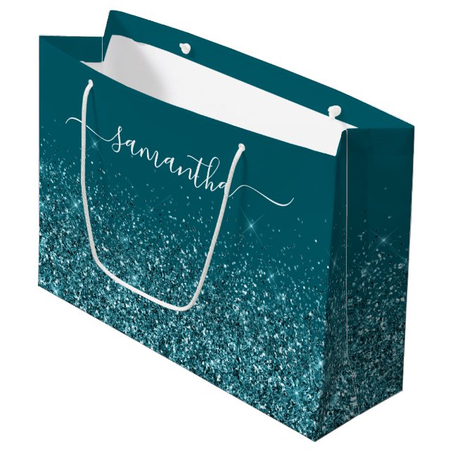 Glittery Dark Teal Elegant Signature Name Large Gift Bag (Front Angled)