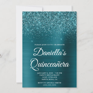 Glittery Dark Teal Foil Quinceañera Invitation