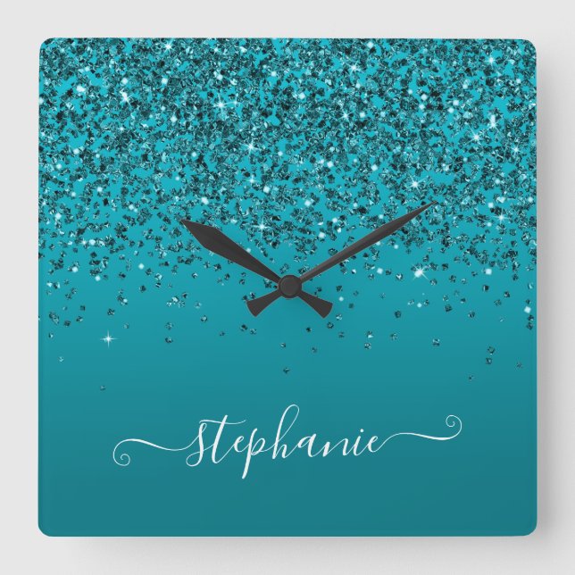 Glittery Dark Turquoise Gradient Girly Calligraphy Square Wall Clock (Front)
