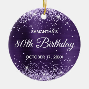 Glittery Dark Violet Purple Foil 80th Birthday Ceramic Tree Decoration