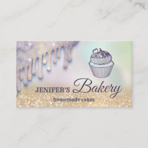 Glittery drips cupcake chef script bakery business card