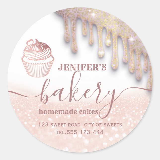 Glittery drips cupcake chef script bakery  classic round sticker (Front)