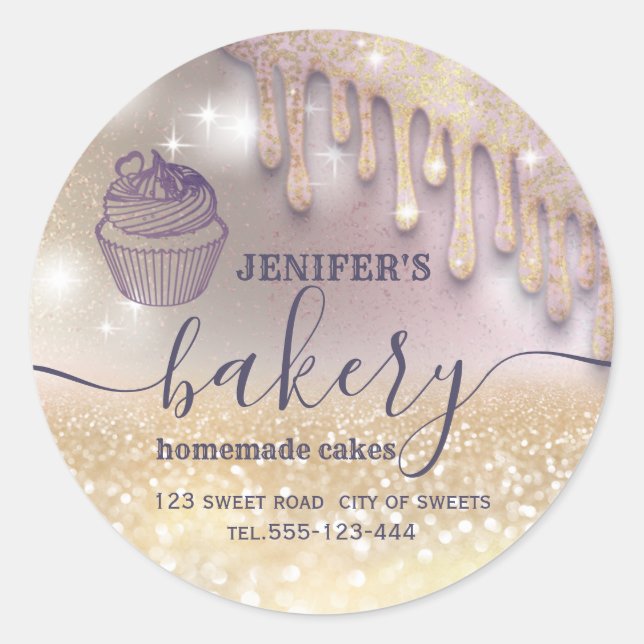 Glittery drips cupcake chef script bakery classic  round sticker (Front)