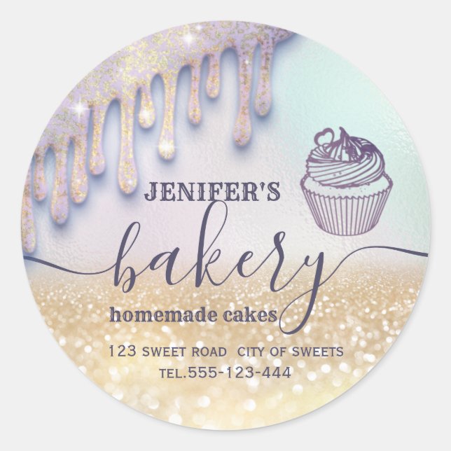 Glittery drips cupcake chef script bakery classic round sticker (Front)