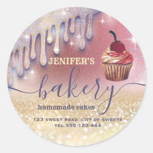Glittery  drips cupcake chef script bakery classic round sticker