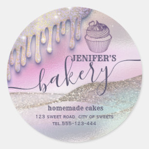 Glittery drips cupcake chef script bakery classic  round sticker