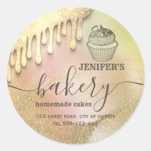 Glittery drips cupcake chef script bakery classic round sticker
