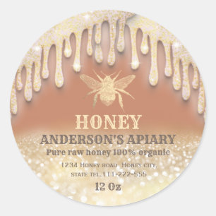 Glittery drips gold honey bee honey label