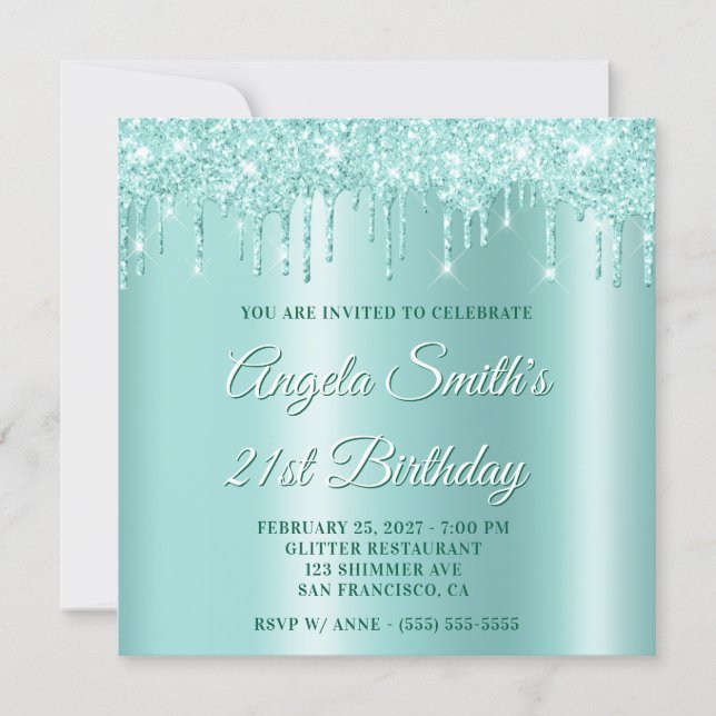Glittery Drips Light Teal Ombre Drop Shadow Invitation (Front)