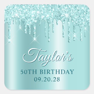Glittery Drips Light Turquoise Ombre Drop Shadow Square Sticker