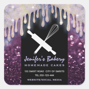Glittery drips rolling pin whisk bakery chef square sticker