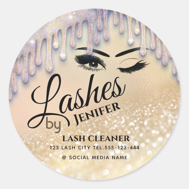 Glittery drips wink lash extension lash cleaner    classic round sticker (Front)