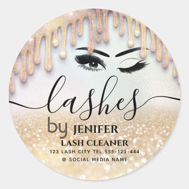 Glittery drips wink lash extension lash cleaner    classic round sticker (Front)